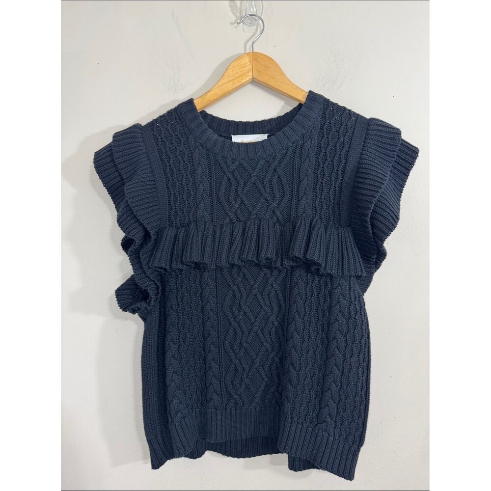 Cleobella Zofia Cable Knit Ruffle Sleeve Sweater Vest Top Black size M Feminine
